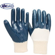 NMSAFETY interlock liner half coated blue nitrile knit cuff industrial working glove